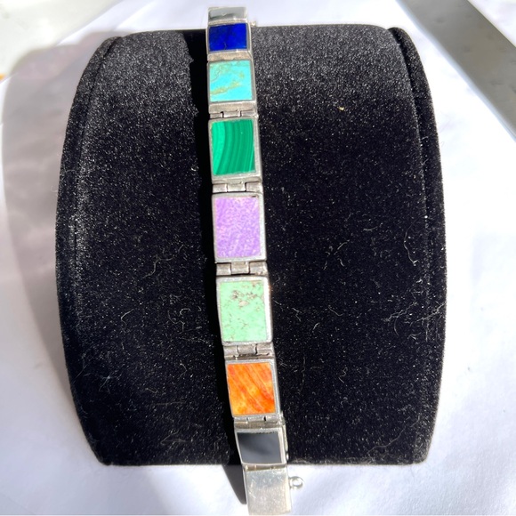 Taxco Jewelry - Vintage Taxco Sterling Silver Multiple Gemstone Rect. Panel Bracelet Reversible